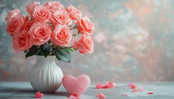 Bouquet of pink roses in a white vase with heart decoration on a textured surface photo