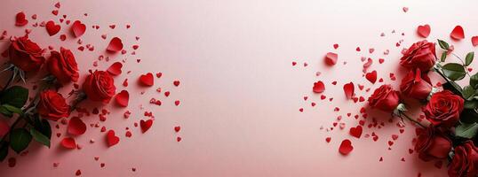 Beautiful red roses and heart shaped petals create a romantic atmosphere for special occasions photo