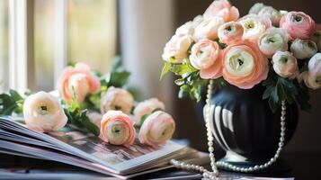 Beautiful bouquet of ranunculus flowers on a table with a magazine and pearls in soft natural light photo