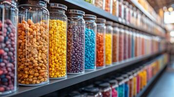 Colorful jars filled with various candies displayed in a well-organized candy store photo