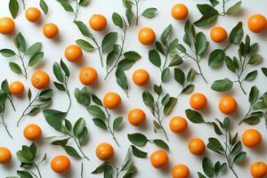 Fresh oranges and green leaves arranged beautifully on a white background photo