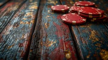 Vintage wooden table featuring red poker chips stacked in casual arrangement photo