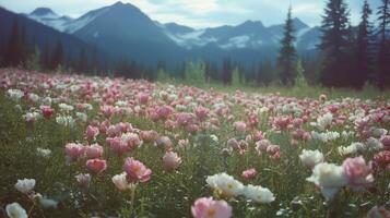 Expansive flower field with mountains in the background during daytime in a serene landscape photo