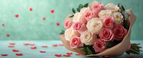 Beautiful bouquet of pink and white roses on a textured background with heart-shaped confetti photo