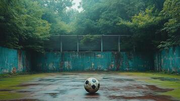 Overgrown soccer field with a lone ball in a misty, abandoned space photo