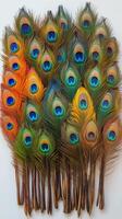 Vibrant display of peacock feathers arranged artistically in a colorful pattern photo
