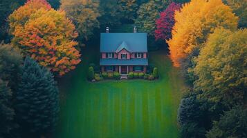 Cozy house surrounded by vibrant autumn trees in a serene landscape photo