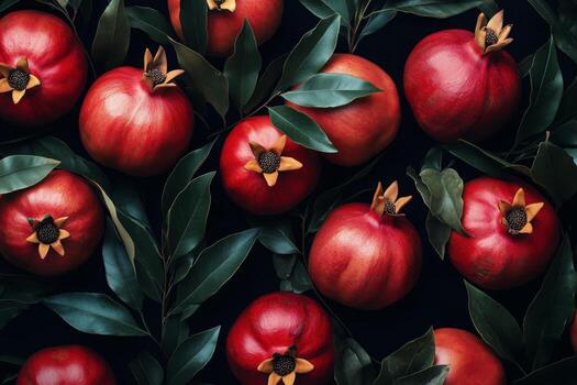 Fresh pomegranates with green leaves arranged on a dark background in a vibrant display photo