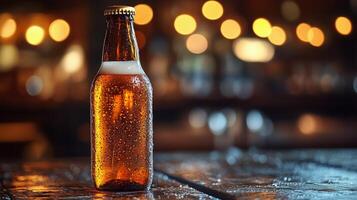Refreshing amber beer bottle on wooden table in a cozy bar setting during evening hours photo