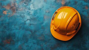 Bright yellow hard hat resting on a textured blue surface in an indoor environment photo