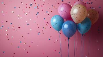 Colorful balloons with confetti on pink background for celebration decorations photo