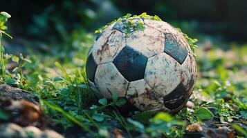 Wet and muddy soccer ball resting on grass during late afternoon photo