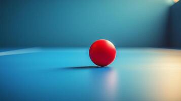 Bright red ball resting on a blue table under soft light in a tranquil environment photo