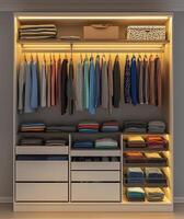 Organized closet with neatly hung clothes and folded garments in a modern bedroom setup photo