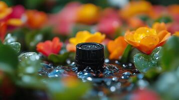 Water fountain surrounded by colorful flowers in a vibrant garden setting during daytime photo