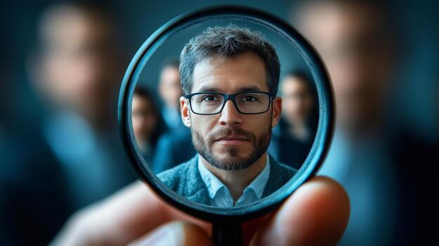 Professional man with glasses viewed through a magnifying glass in a corporate setting photo