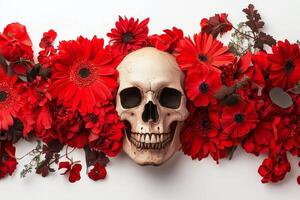 Floral arrangement featuring a skull with vibrant red flowers for a striking visual effect photo