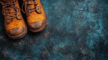Yellow work boots resting on a textured blue surface in a rugged setting during daylight photo