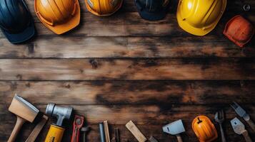 Various construction tools and safety helmets arranged on rustic wooden surface in a workshop photo
