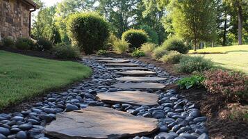 Serene landscape with stepping stones and decorative stones in a lush garden at dawn photo