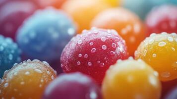 Brightly colored candy drops with water droplets in a close-up view photo