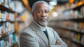 Portrait of a distinguished older man in a library surrounded by books and warm lighting photo