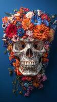 Colorful skull adorned with vibrant flowers on a blue background in a decorative display photo