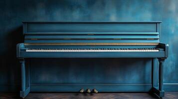 Elegant blue piano against textured wall creates a tranquil atmosphere in a music space photo
