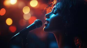 Singer performing passionately at a vibrant music venue during a lively night photo