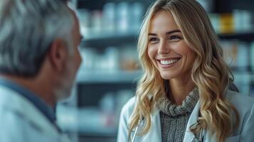 Healthcare professionals engaging in a friendly conversation in a modern pharmacy setting photo