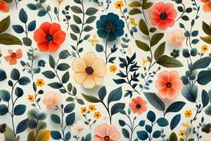 Vibrant floral pattern featuring colorful flowers and leaves on a light background photo