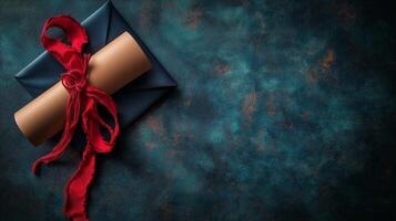 Elegant rolled certificate tied with red ribbon on dark blue textured background photo