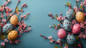 vistoso Pascua de Resurrección huevos rodeado por Cereza flores en un azul antecedentes para primavera celebracion foto