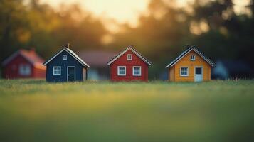 Colorful miniature houses in a serene landscape during golden hour light photo