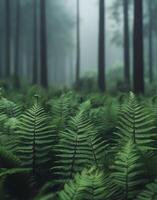 Lush green ferns thriving in a misty forest under tall trees during early morning photo