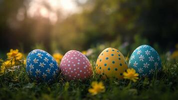 Colorful decorative eggs placed in a grassy area with bright flowers during a sunny spring afternoon photo