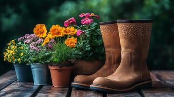 Brown boots beside colorful flower pots on a wooden surface in a garden setting photo
