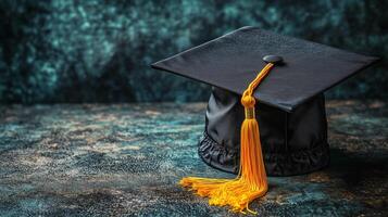 Graduation cap with orange tassel on textured background in a celebratory setting photo