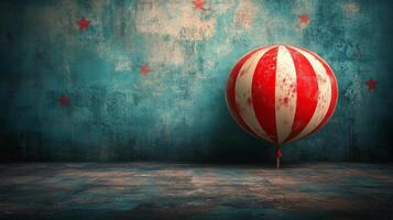 Vintage carnival balloon with red and white stripes on textured blue background with stars photo