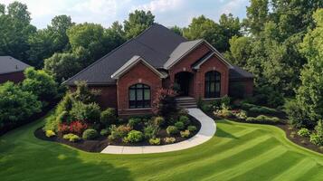 Beautifully landscaped modern home with vibrant gardens and lush greenery in a serene neighborhood photo