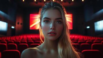 joven mujer en un cine con brillante pantallas Proporcionar un vibrante fondo durante un noche evento foto