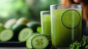 Refreshing cucumber juice served in glasses with sliced cucumbers on a sunny day photo
