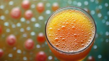 Sparkling orange beverage served in a glass with bubbles against a colorful background photo