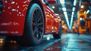 rojo coche con pulcro negro ruedas en moderno automotor taller a noche foto