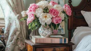 Colorful bouquet of peonies on bedside table in cozy bedroom setting photo