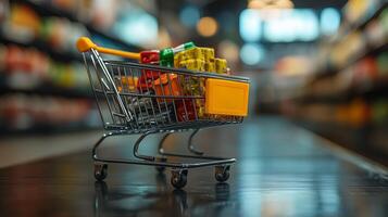 Shopping cart filled with colorful groceries in a modern supermarket aisle during daylight photo