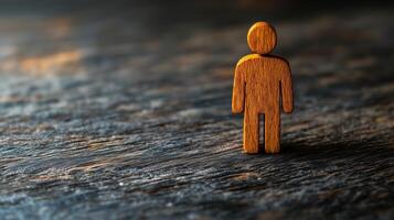 Wooden figure stands alone on textured surface in subdued light with soft shadows photo