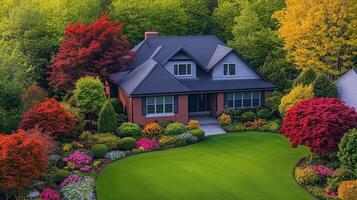 Beautiful suburban home surrounded by vibrant autumn foliage in a serene neighborhood photo
