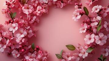 Beautiful pink cherry blossoms arranged in a circular pattern on a soft pink background photo
