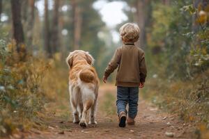 A young boy and dog walking down a path photo
